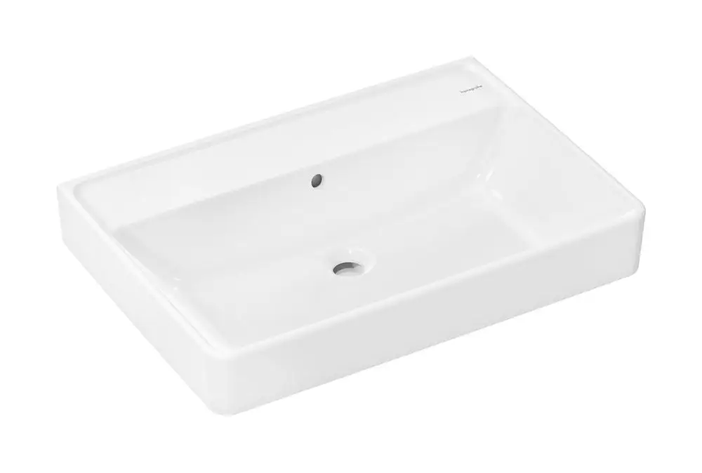 Weißes rechteckiges Hansgrohe Xanuia Q Waschbecken ohne Hahnloch mit Überlauf, SmartClean Weiß, 61133450.